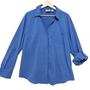 Chicos No-Iron Button Down Shirt Soft Blue Sz 2 (L or 12) Lightweight Office